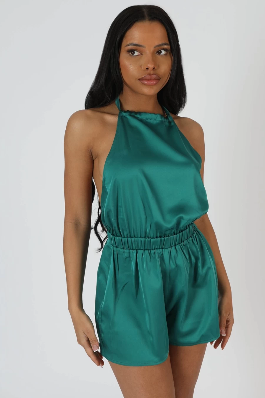 Women's Emerald Satin Halterneck Playsuit by Public Desire
