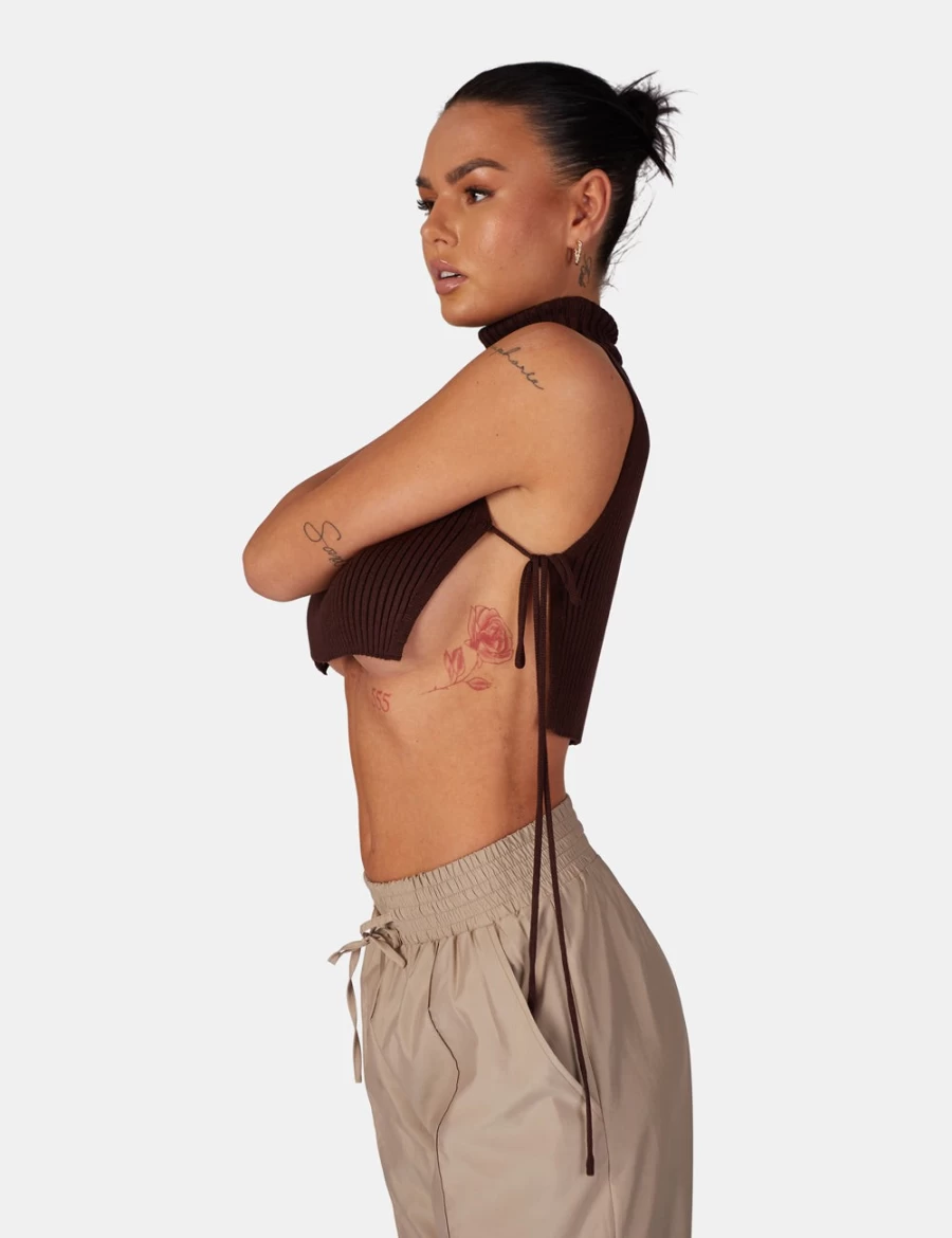 Public Desire Women's Brown Tie Side Roll Neck Crop Top - Stylish Casual Feminine Chic Blouse