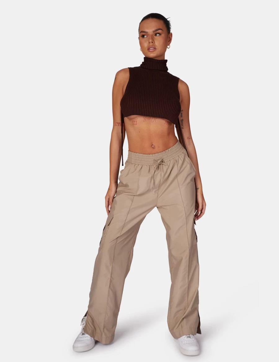 Public Desire Women's Brown Tie Side Roll Neck Crop Top - Stylish Casual Feminine Chic Blouse