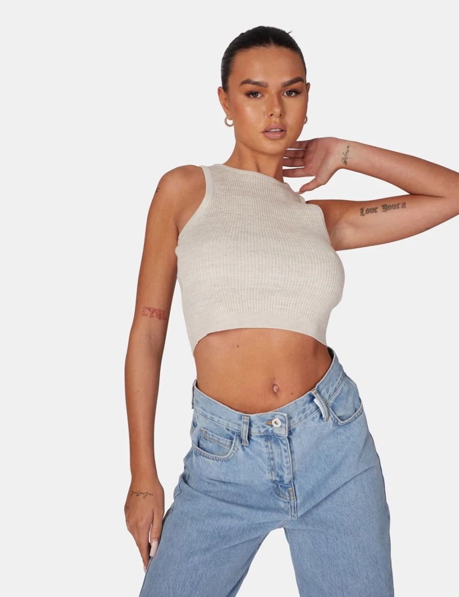 Public Desire Women's Oatmeal Extreme Racer Knitted Crop Top