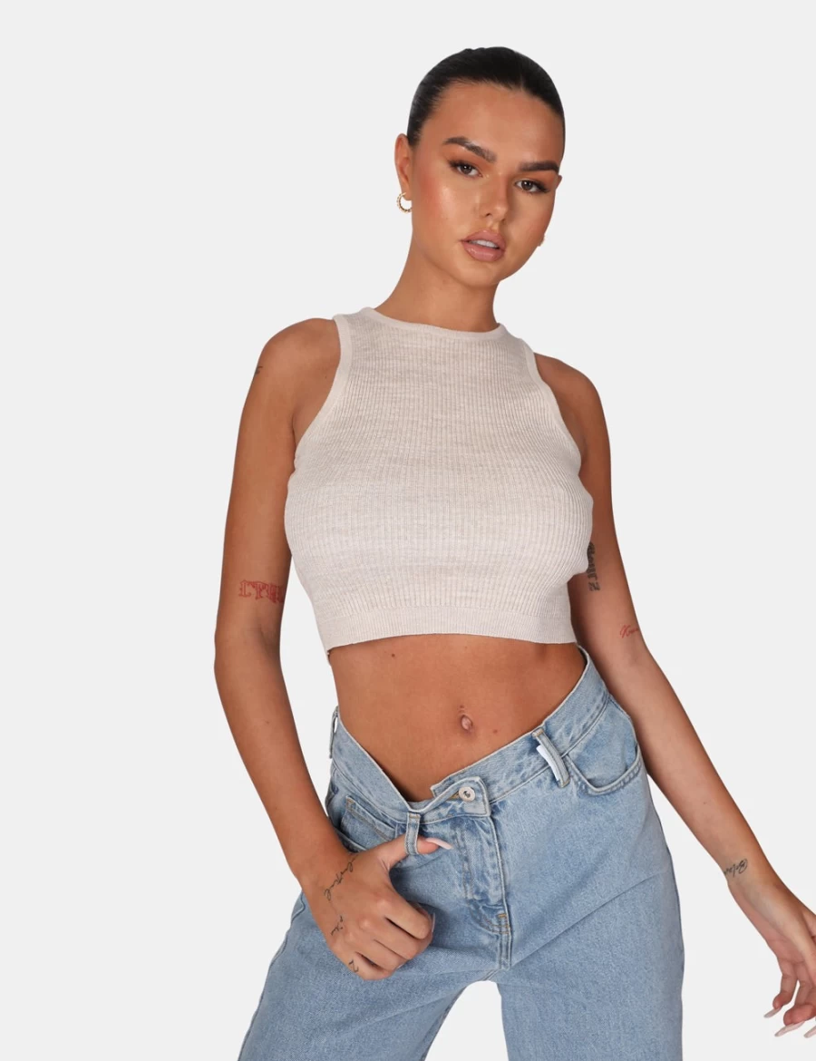 Public Desire Women's Oatmeal Extreme Racer Knitted Crop Top