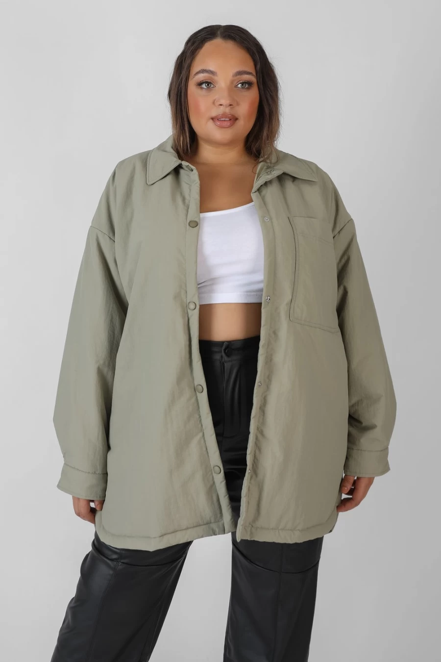 "Public Desire Women's Khaki Oversized Curve Padded Shacket - Elm Style"