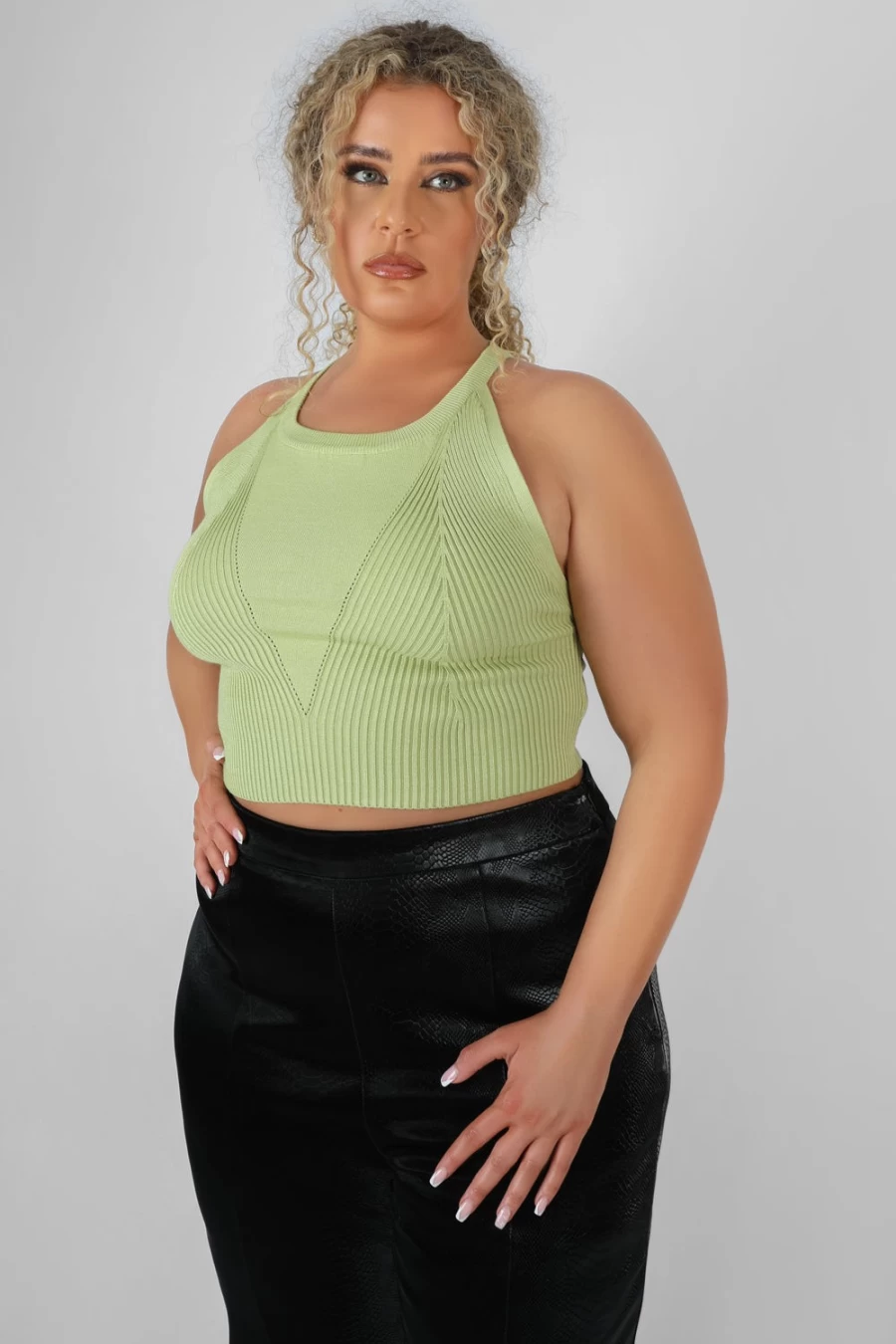 "Public Desire Women's Lime Curve High Neck Knitted Racer Crop Top"