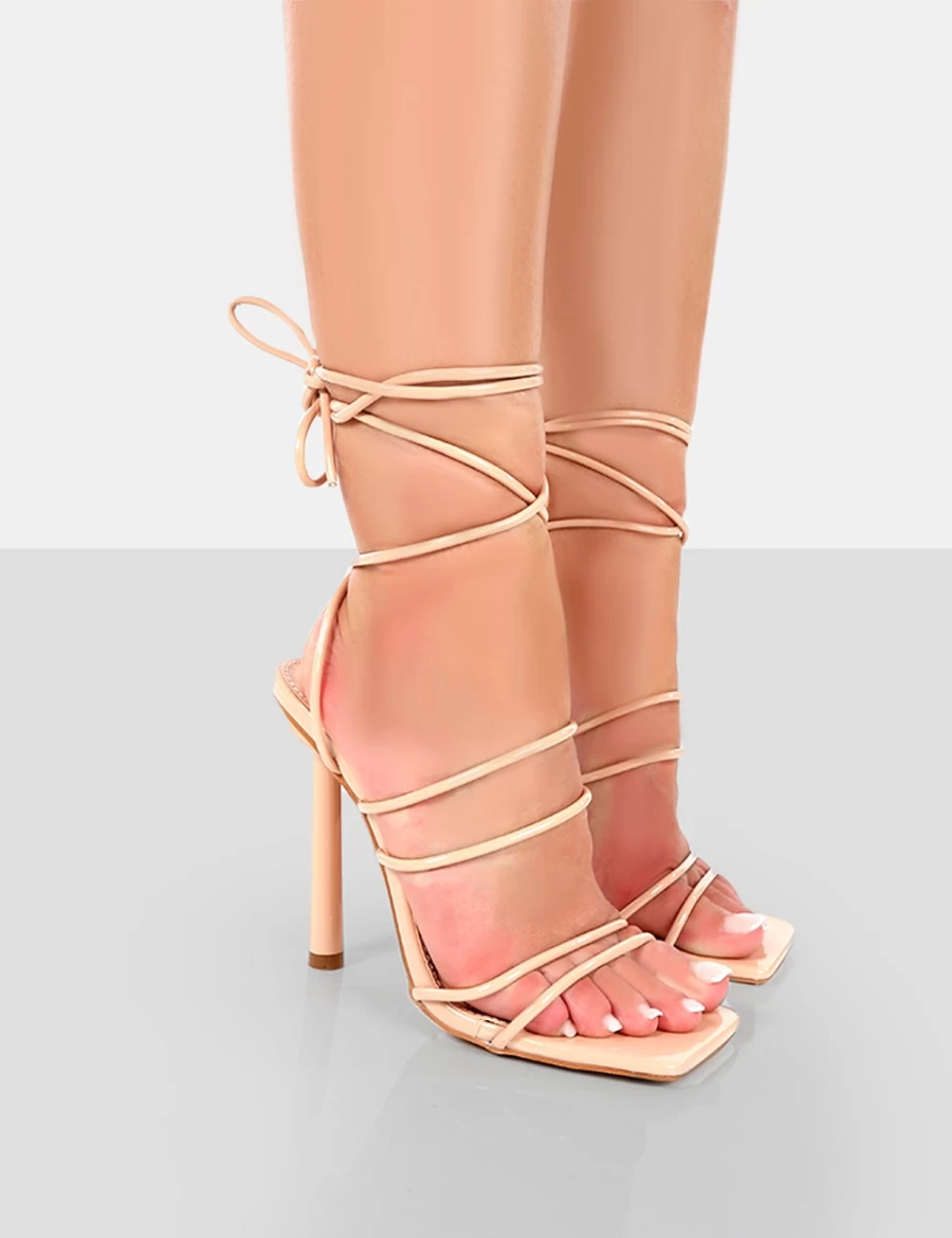 Public Desire Women's Nude Patent Strappy Lace-Up Square Toe Stiletto Heels