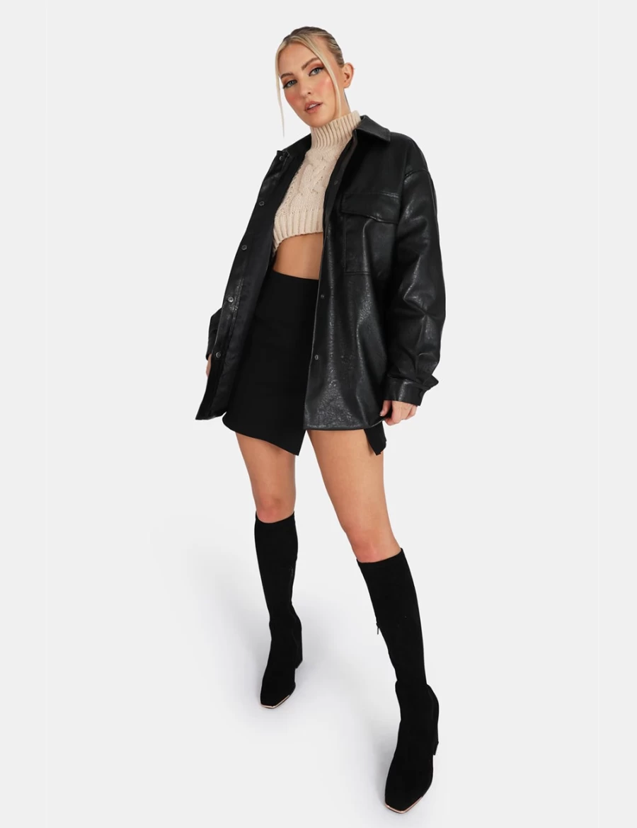Public Desire Women's Black Vegan Leather Oversized Shacket with Pockets