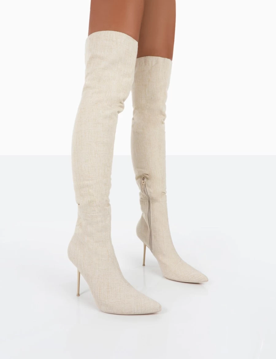 Public Desire Women's Nude Natural Linen Pointed Toe Over The Knee Stiletto Boots