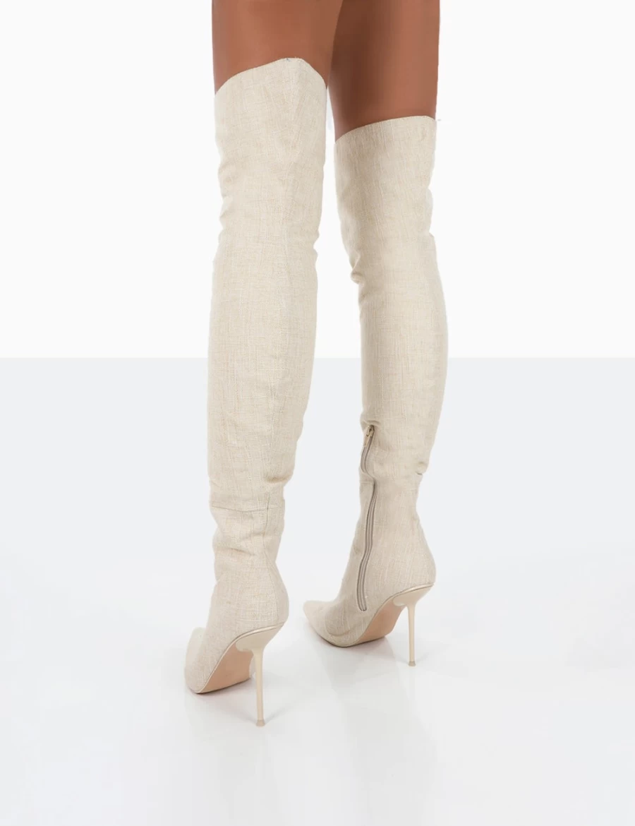 Public Desire Women's Nude Natural Linen Pointed Toe Over The Knee Stiletto Boots