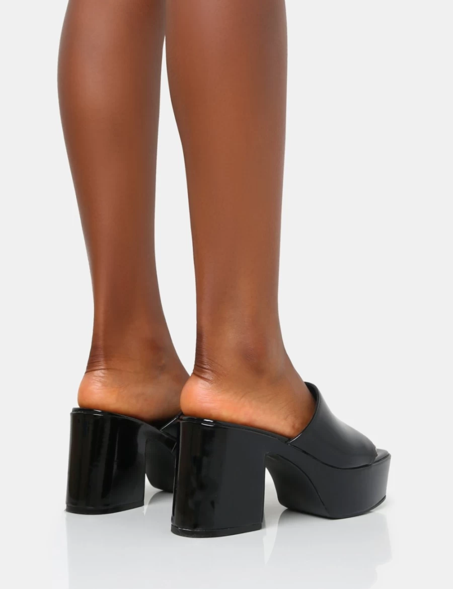 Public Desire Black Ariel Patent Mule Chunky Mid Heel Platform Shoes for Women