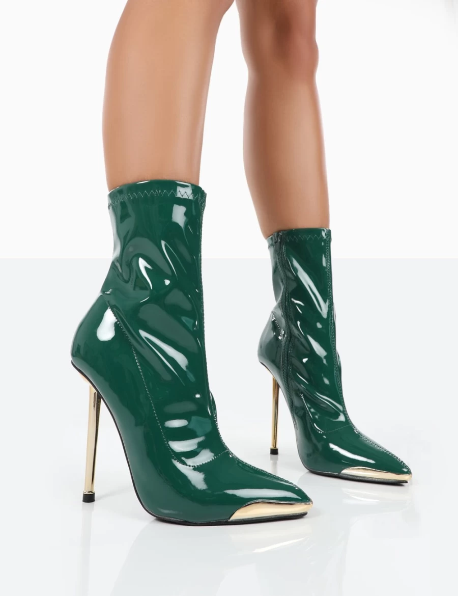 Public Desire Women's Green Patent Stiletto Heel Ankle Boots - Pointed Toe Fashion Footwear