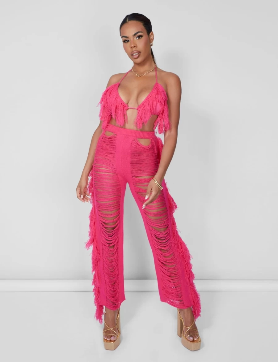 "Public Desire Women's Pink Fringe Trousers | Hot Trendy High-Waisted Flared Pants"