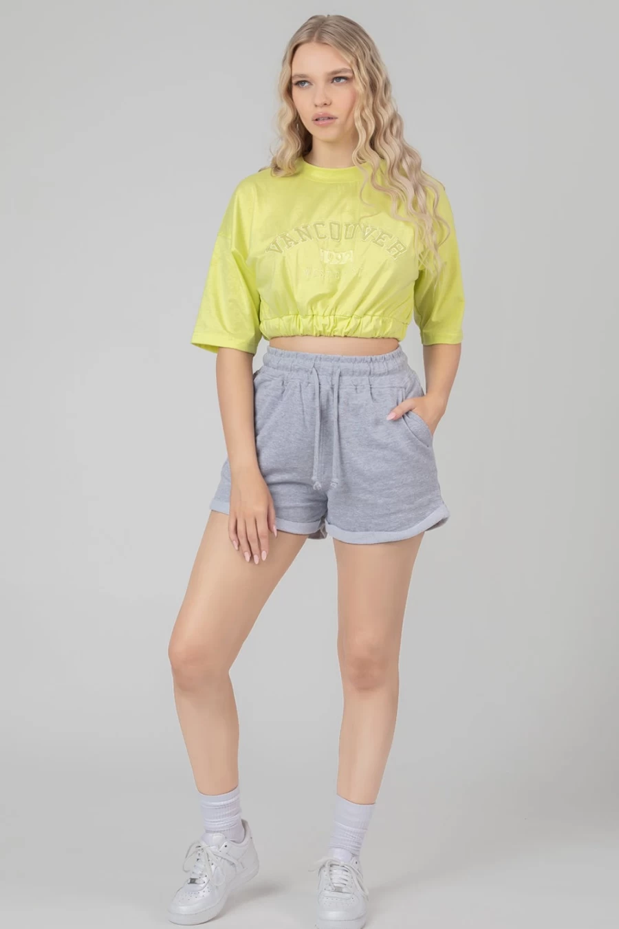 "Public Desire Women's Lime Elasticated Hem Tonal Embroidered T-Shirt"