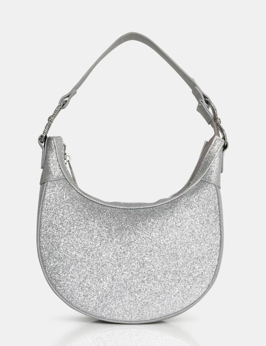 Public Desire Silver Glitter Bag for Women - The Bam Bam Shiny Evening Clutch