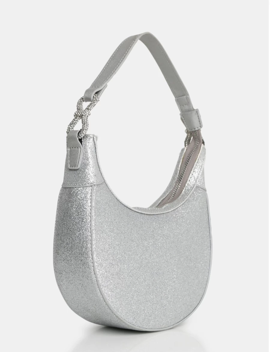 Public Desire Silver Glitter Bag for Women - The Bam Bam Shiny Evening Clutch