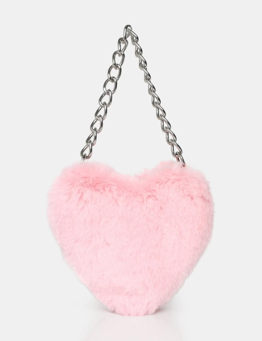 Public Desire Women's Pink Anouk Heart Shaped Faux Fur Handbag - Stylish Grab Bag