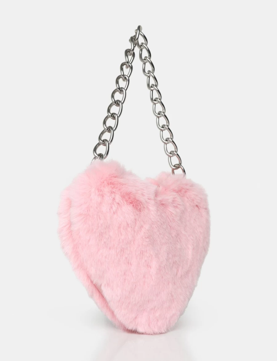 Public Desire Women's Pink Anouk Heart Shaped Faux Fur Handbag - Stylish Grab Bag