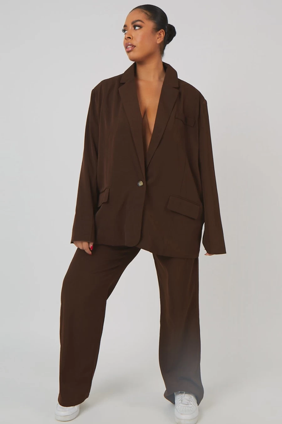 "Public Desire Women's Curve Dad Trousers in Chocolate - High Waisted Comfort Fit"