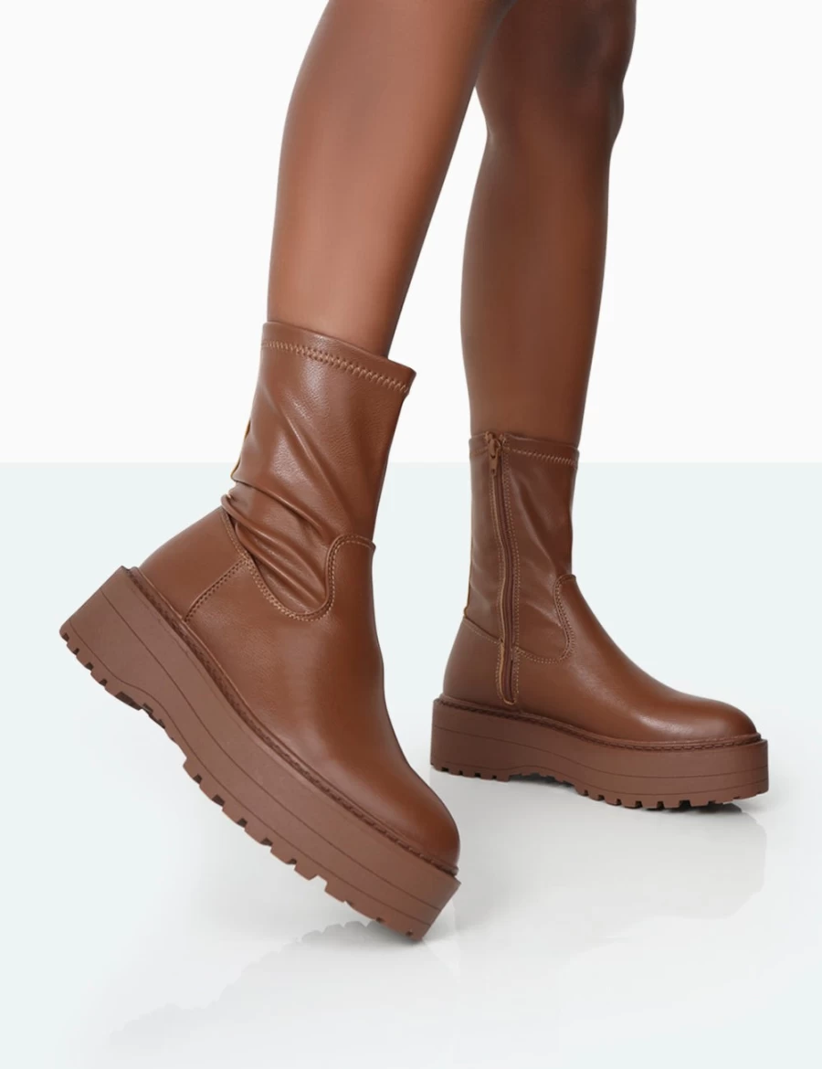 Public Desire Women's Brown Mocha Chunky Sole Ankle Boots - Auden Style