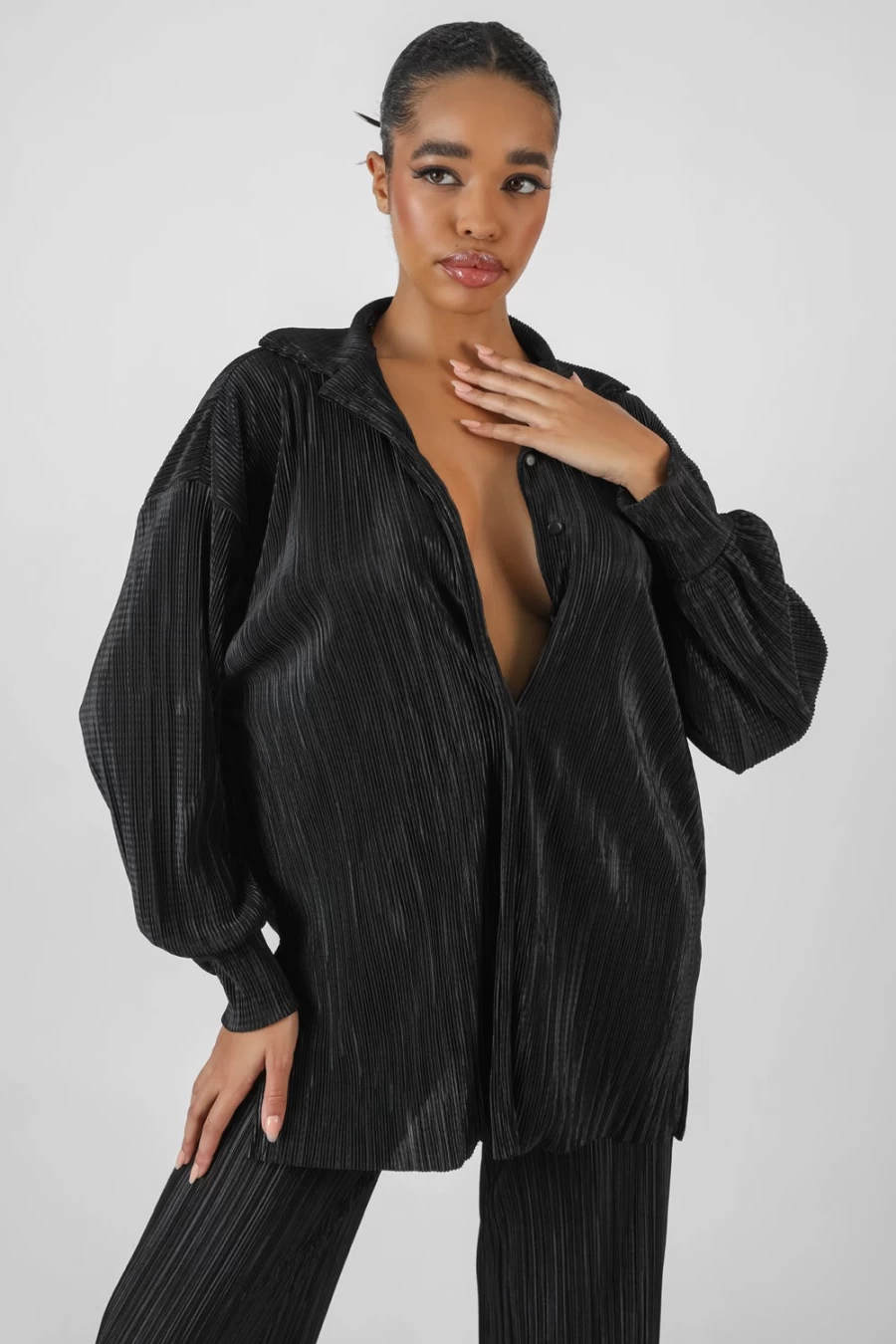 "Public Desire Women's Black Oversized Plisse Shirt – Stylish & Comfortable Top"