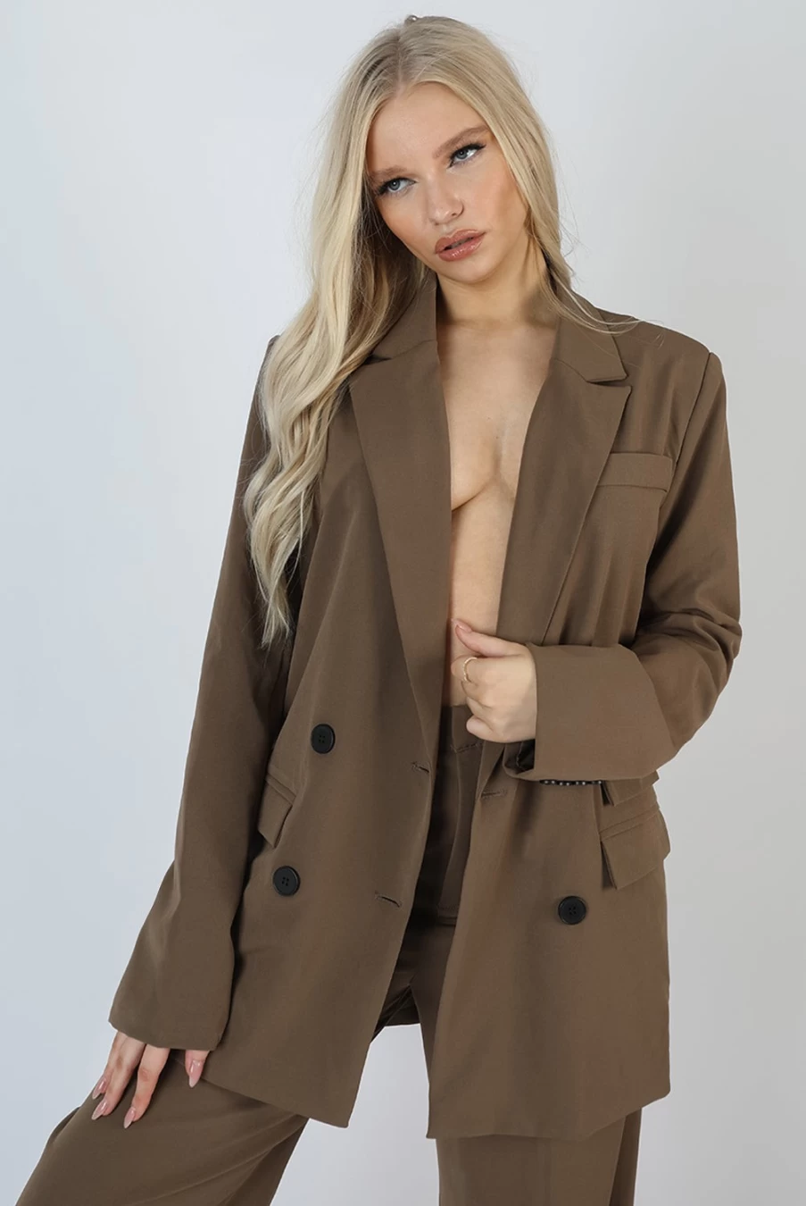 "Public Desire Women's Mushroom Oversized Longline Blazer with Double Breasted Design and Pocket Details"