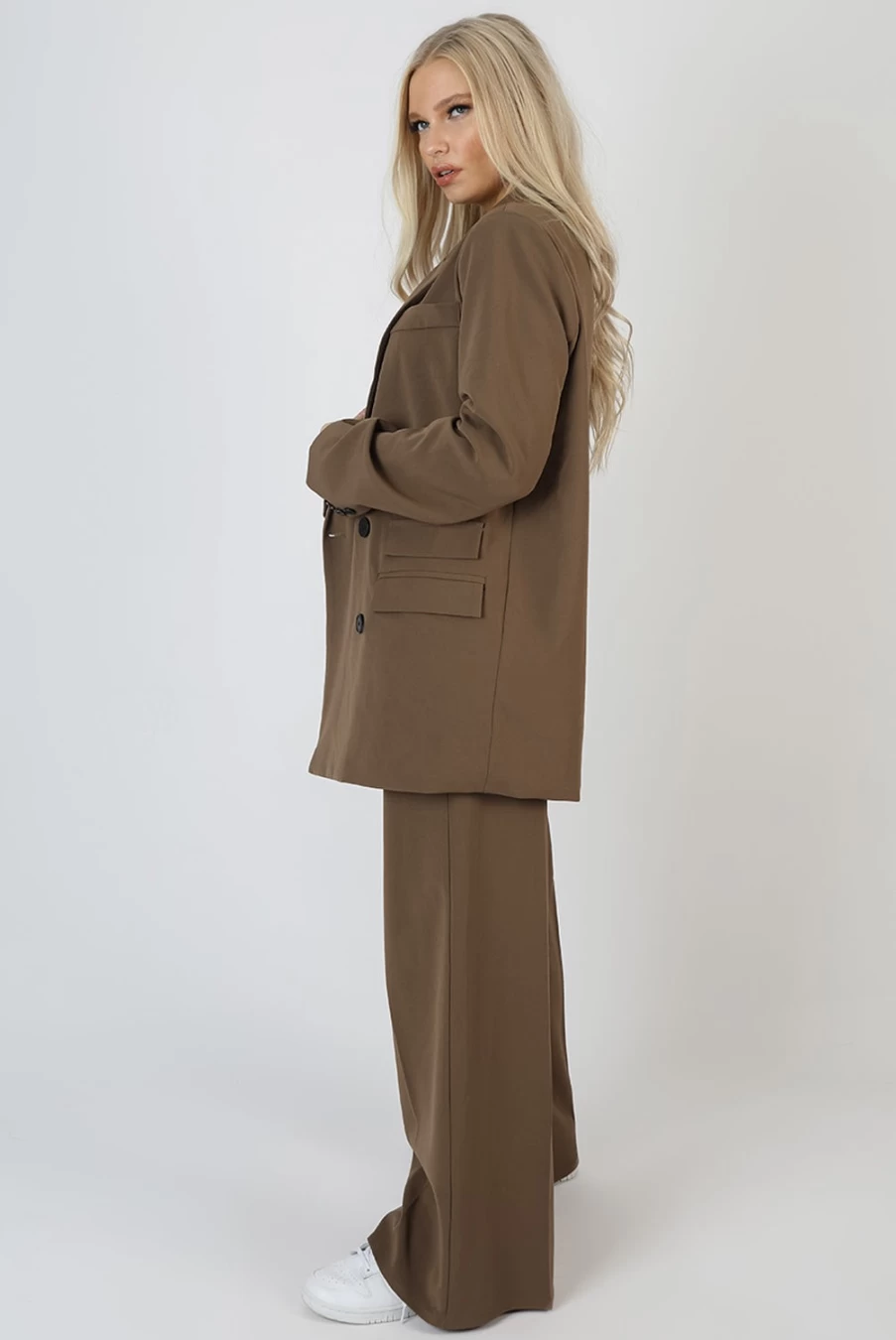 "Public Desire Women's Mushroom Oversized Longline Blazer with Double Breasted Design and Pocket Details"