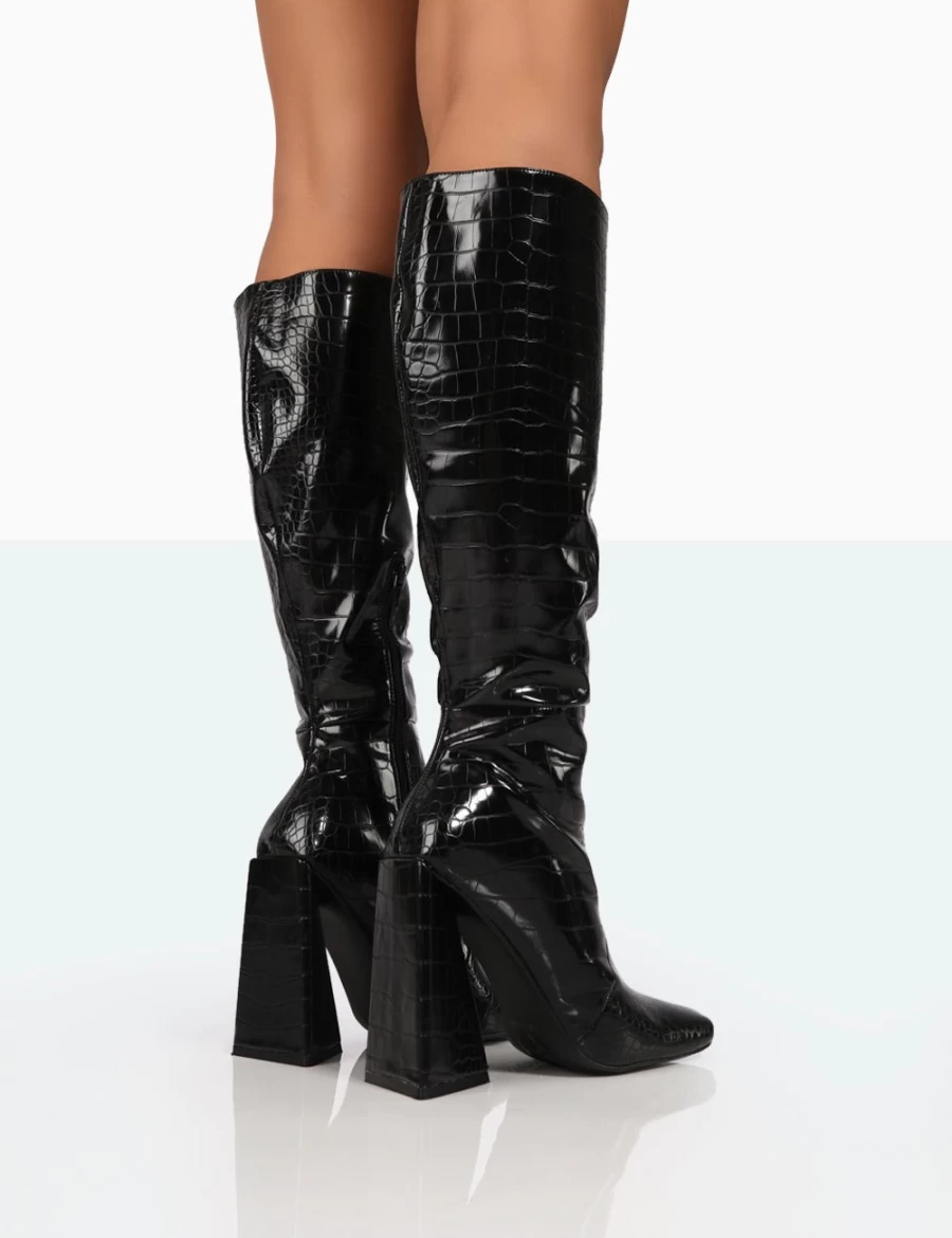 Public Desire Women's White Senna Knee High Croc Embossed Patent Block Heel Boots