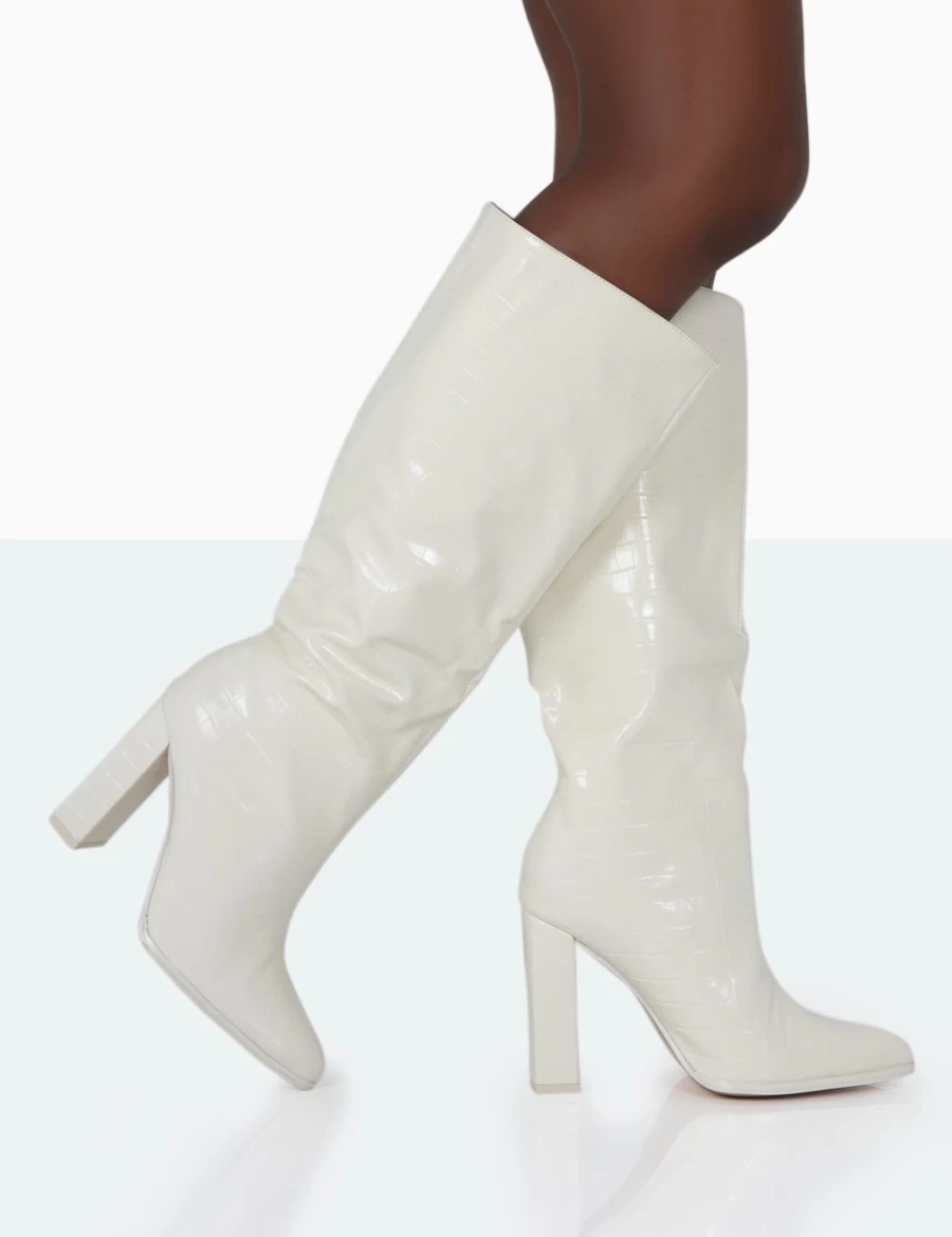 Public Desire Women's Posie Wide Fit Knee High Boots in Ecru Croc with Block Heel