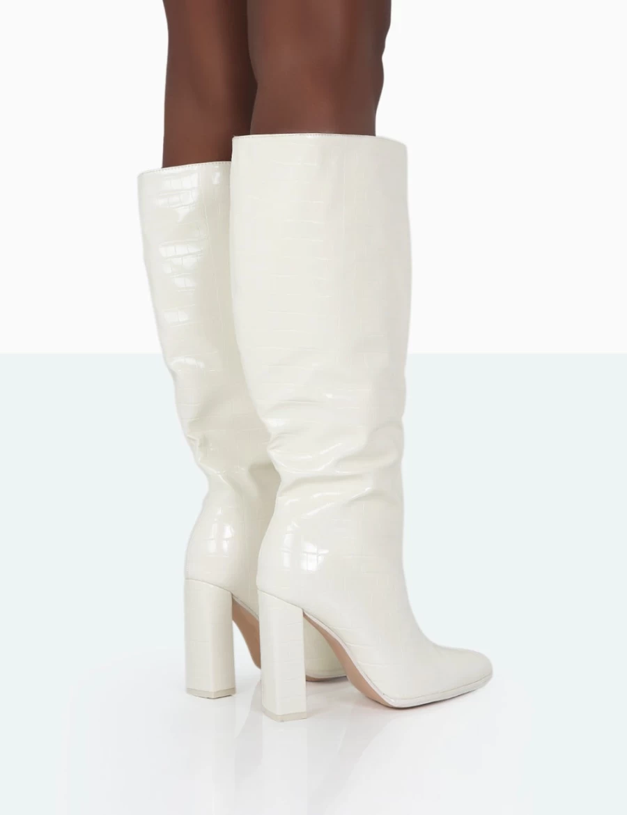 Public Desire Women's Posie Wide Fit Knee High Boots in Ecru Croc with Block Heel