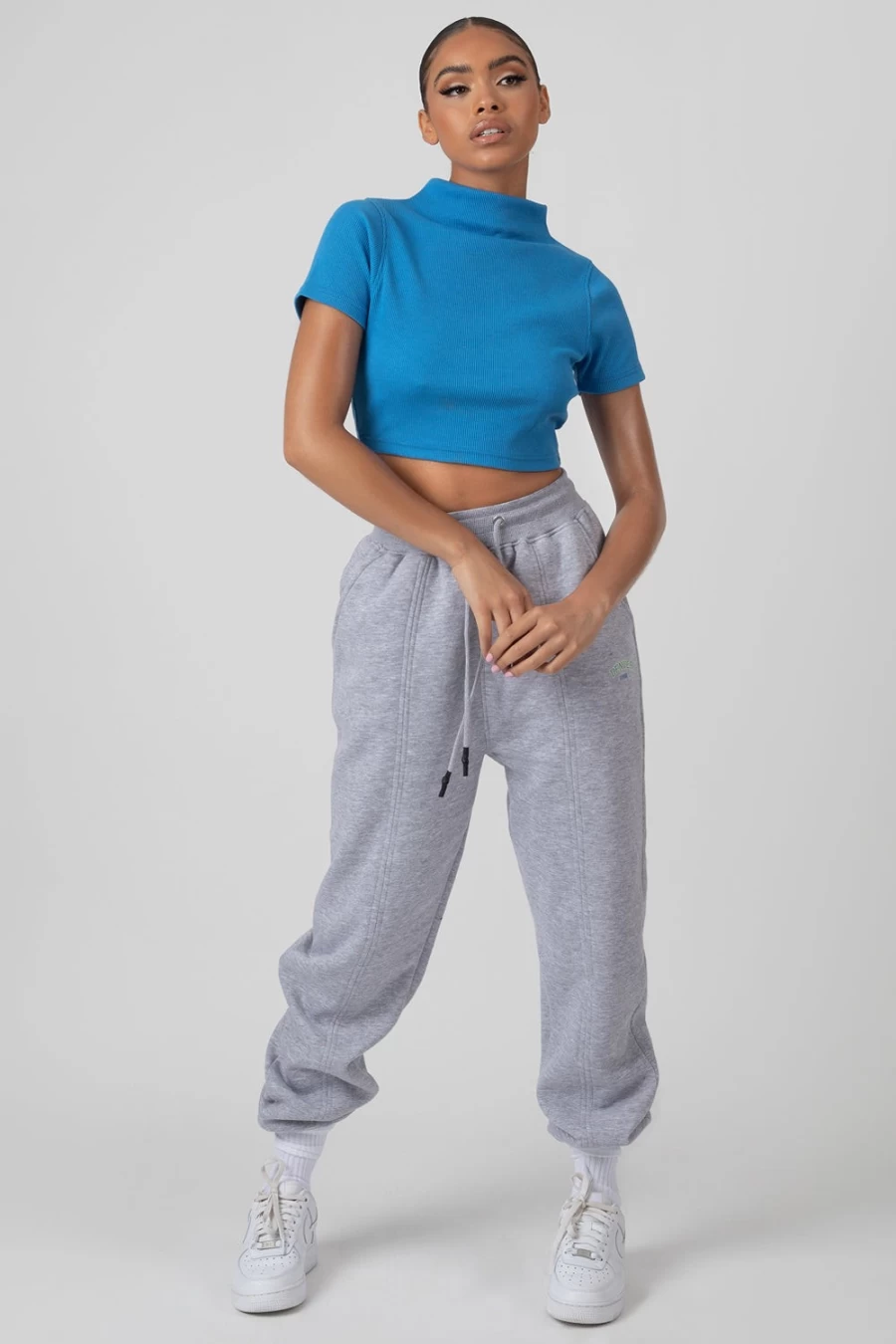 "Public Desire Women's Blue High Neck Ribbed Cropped T-Shirt"