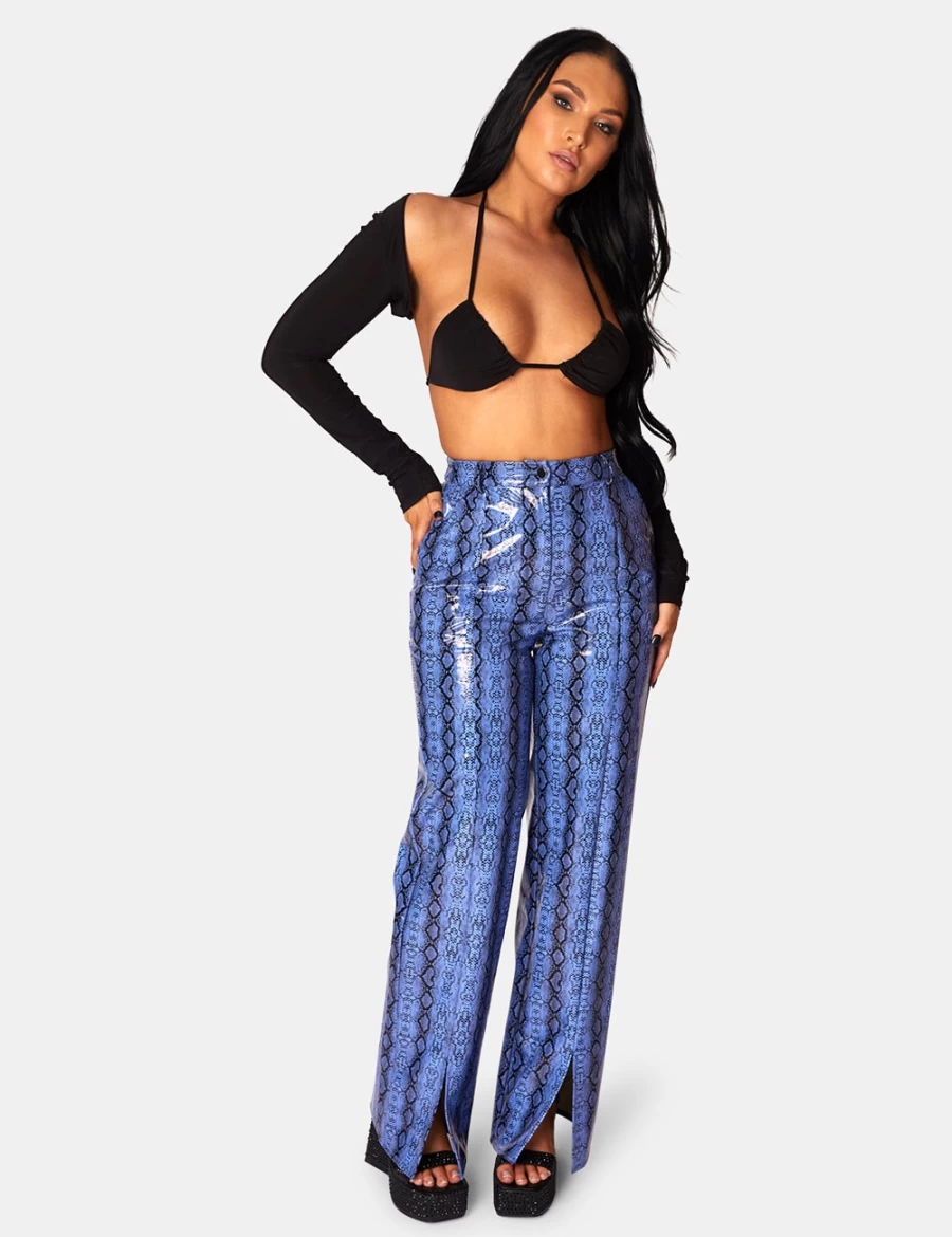 Public Desire Women's Blue Snake Print PU Wide Leg Trousers High Waist Fashion Pants