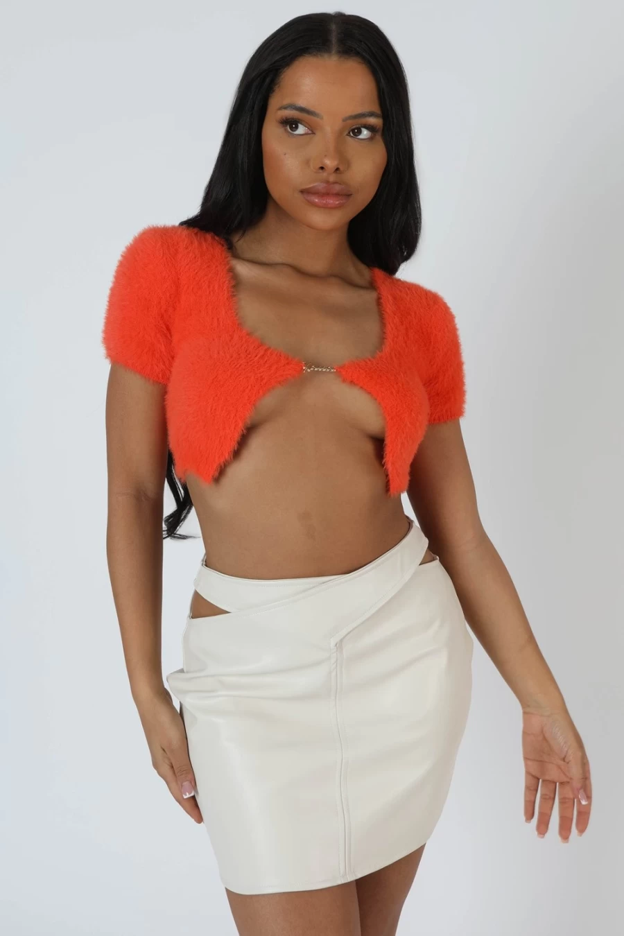Public Desire Women's Orange Kaiia Trim Fluffy Knit Top - Soft Comfortable Sweater