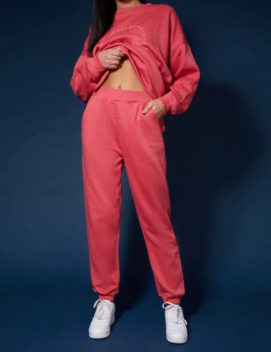 Public Desire Women's Coral Tonal Embroidery Joggers - Floral Design Lounge Pants