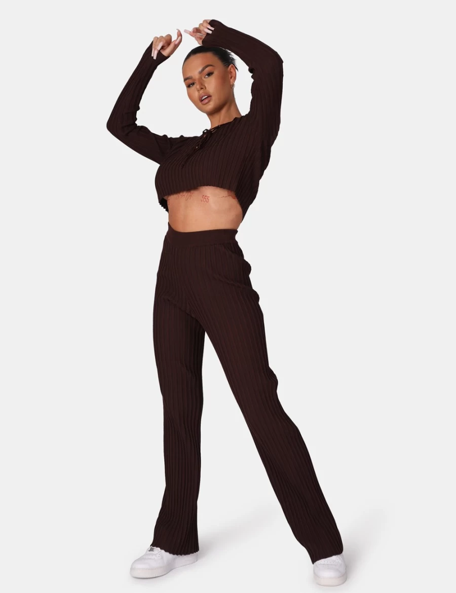 Public Desire Women's Chocolate Ribbed Knitted Wide Leg Trousers