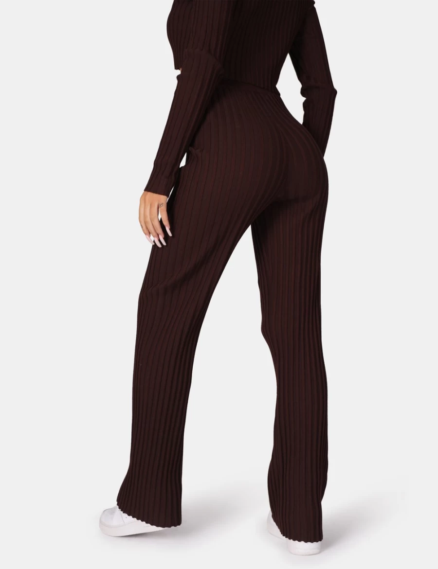 Public Desire Women's Chocolate Ribbed Knitted Wide Leg Trousers