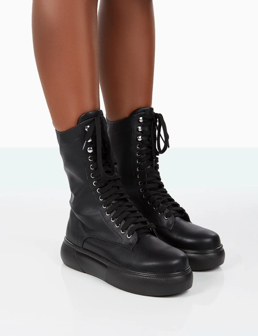 Public Desire Women's Black Travis Pu Lace Up Platform Chunky Sole Boots