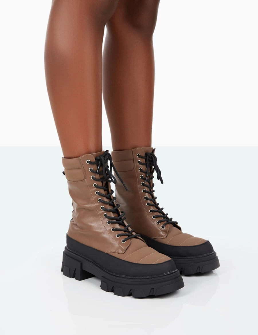 Public Desire Women's Mocca Refresh Platform Ankle Boots - Chunky Sole, Nylon & Lace-Up Design
