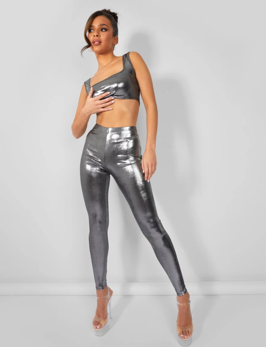Public Desire Women's Silver Metallic Leggings - High-Shine Fashion Legwear
