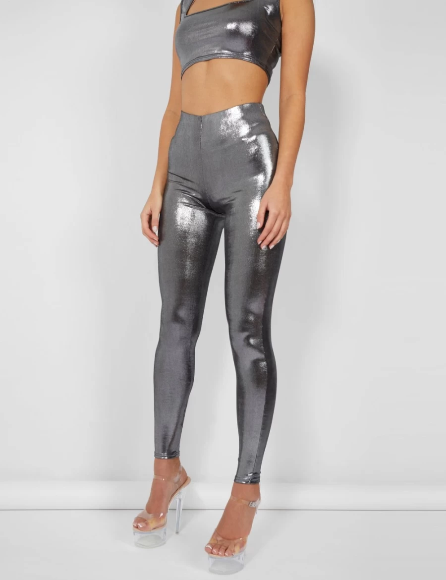 Public Desire Women's Silver Metallic Leggings - High-Shine Fashion Legwear