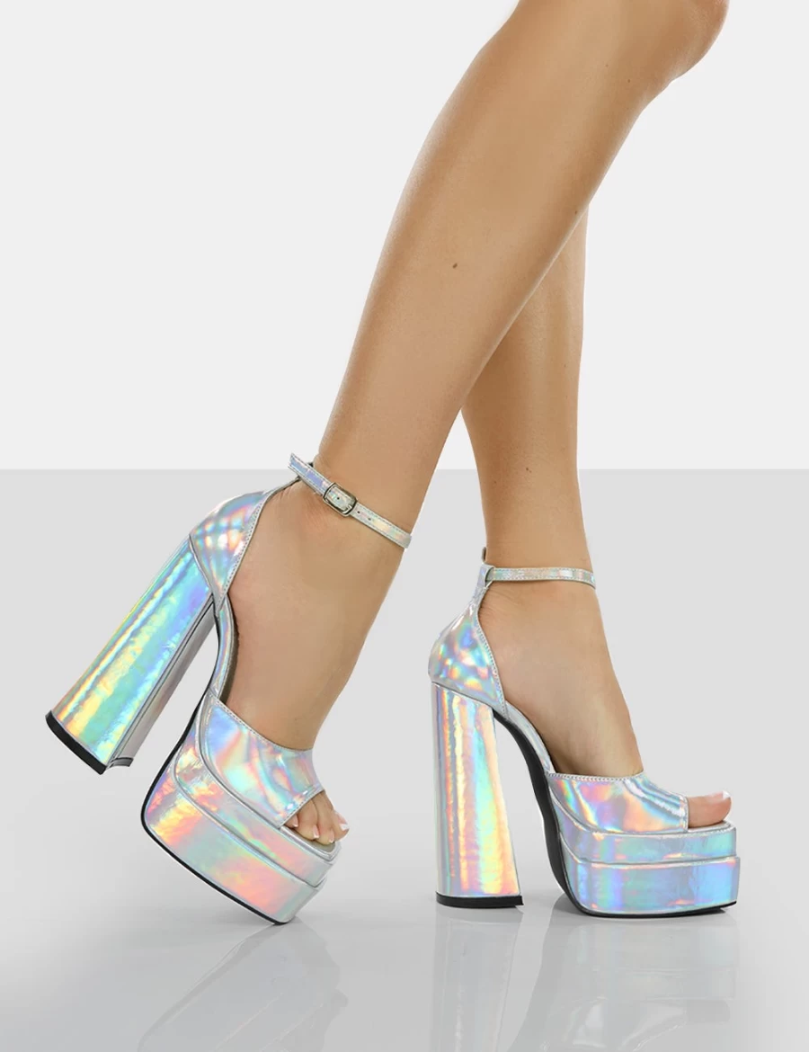 Public Desire Women's Silver Holographic Strappy Square Toe Platform Heels Block High Heel Shoes