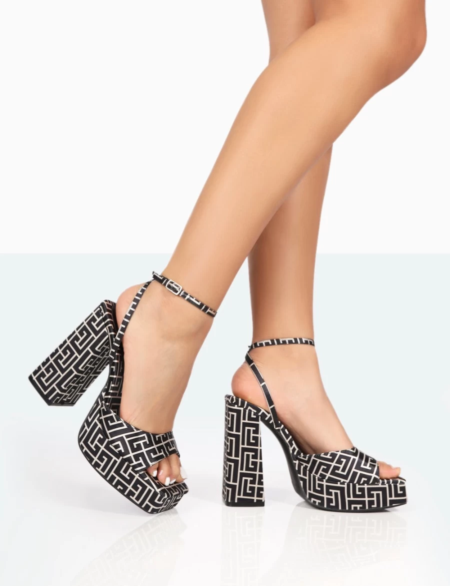 Public Desire Women's Black & White Geometric Satin Square Toe Block Heel Platform High Heels