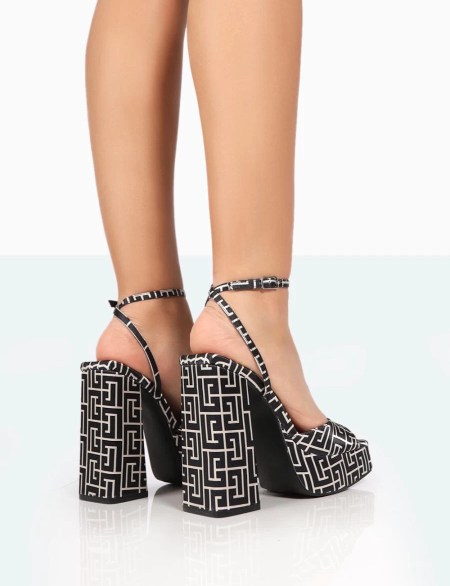 Public Desire Women's Black & White Geometric Satin Square Toe Block Heel Platform High Heels