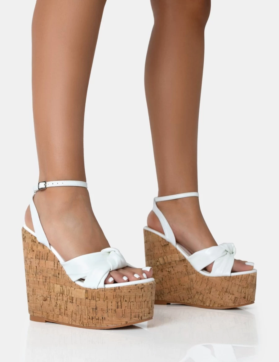 Public Desire Women's White Sandy Pu Knot Strap Cork Wedge Heels Round Toe