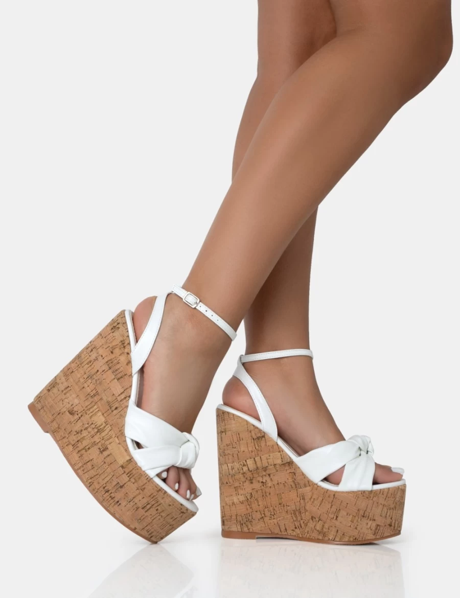 Public Desire Women's White Sandy Pu Knot Strap Cork Wedge Heels Round Toe