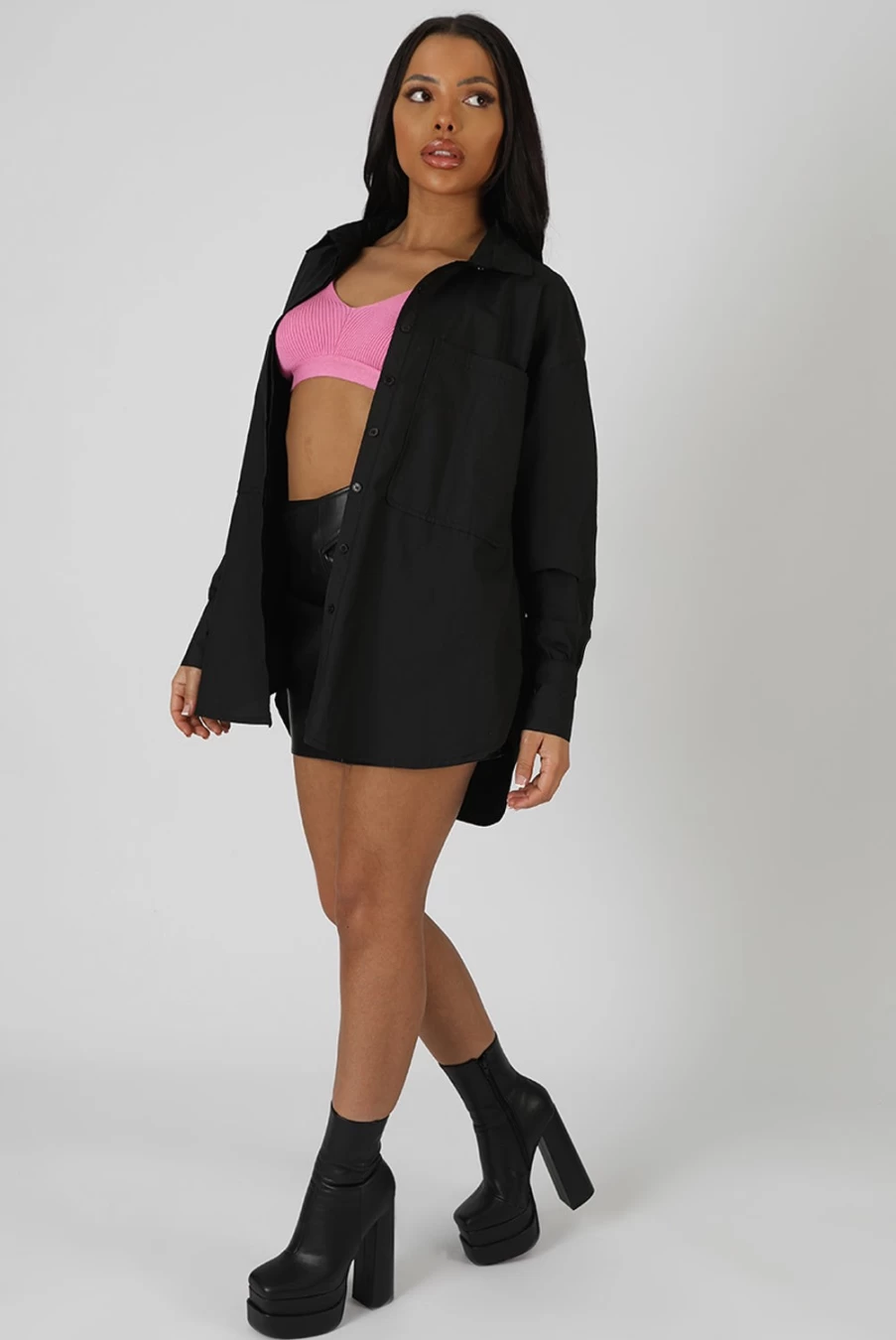 "Public Desire Women's Black Oversized Pocket Poplin Shirt"