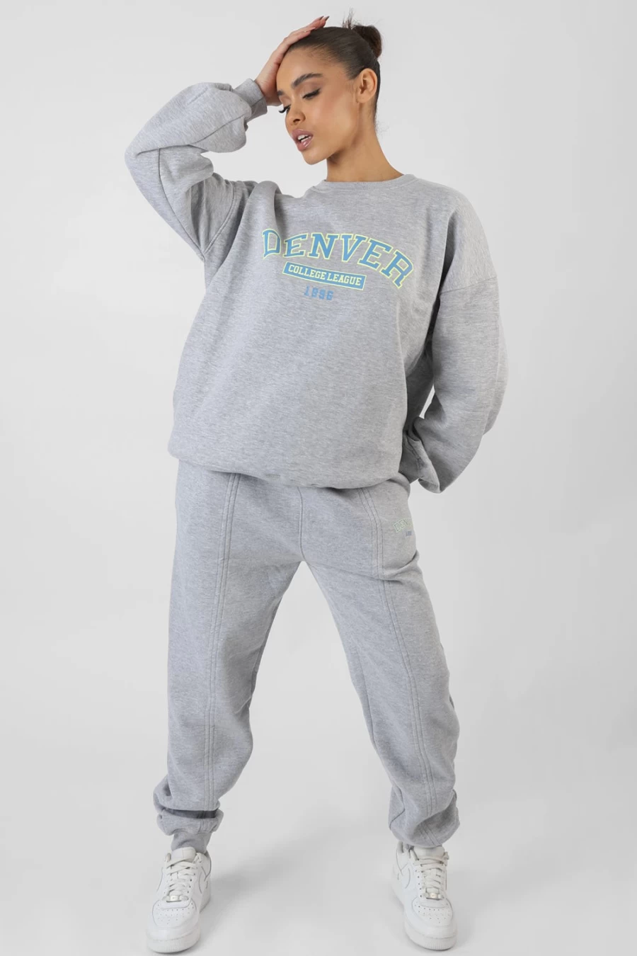 Women's Grey Oversized Joggers with Denver Print & Seam Details | Public Desire