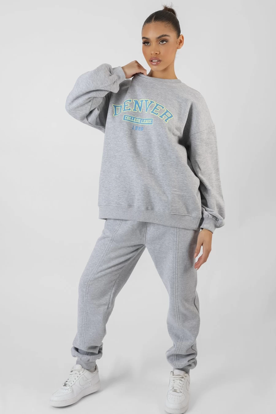 Women's Grey Oversized Joggers with Denver Print & Seam Details | Public Desire