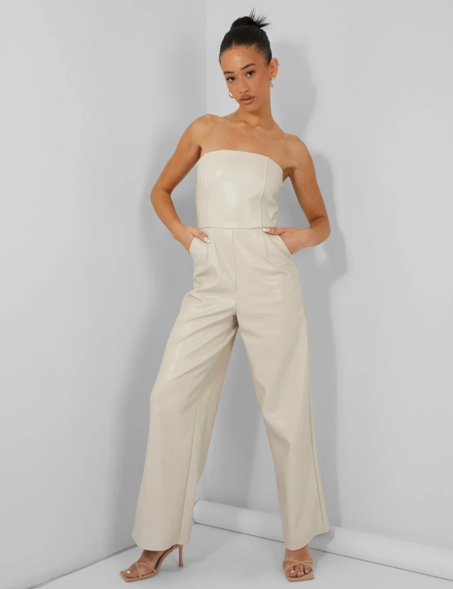 Public Desire Women's Stone Bandeau Tailored Wide Leg Jumpsuit - Elegant One Piece Romper