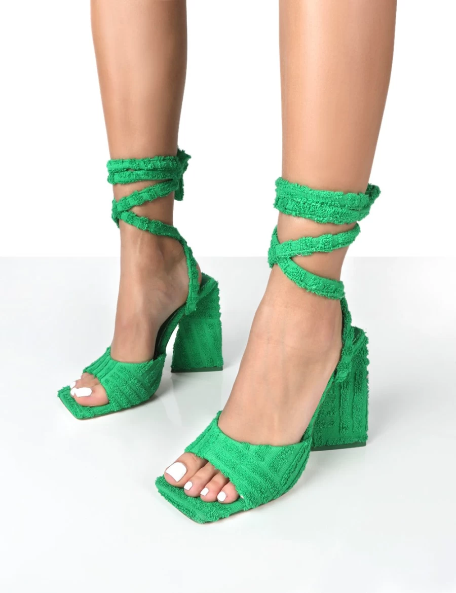 Public Desire Women's Green Mojito Block Heels with Towelling & Lace Up Detail
