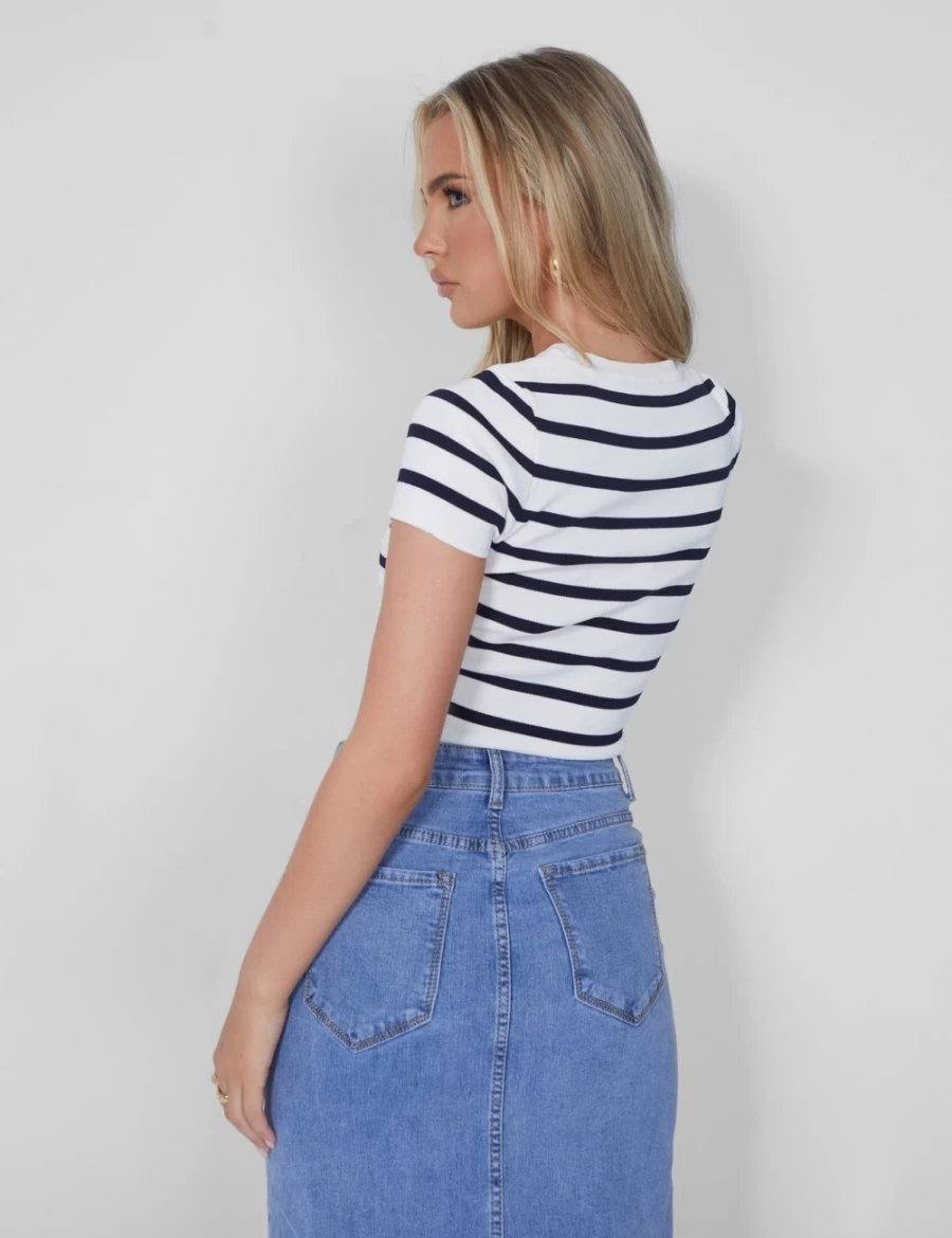 Public Desire Women's Ecru Stripe Knitted Baby Tee - Soft Cotton Casual Top