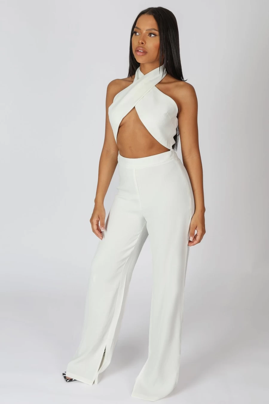 Public Desire Women's White Cross Front Halter Wide Leg Jumpsuit - Stylish Summer Romper
