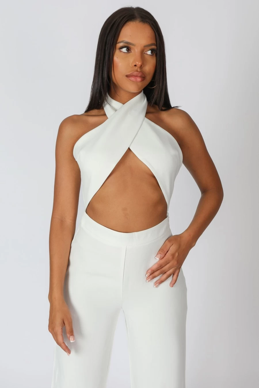 Public Desire Women's White Cross Front Halter Wide Leg Jumpsuit - Stylish Summer Romper